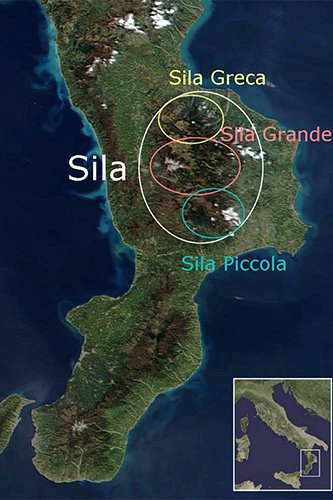 Map of Calabria showing Sila Greca, Sila Grande, and Sila Piccola